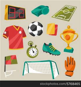 Set of sports soccer football symbols in cartoon style.