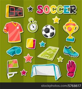 Set of sports soccer sticker symbols and icons in cartoon style.