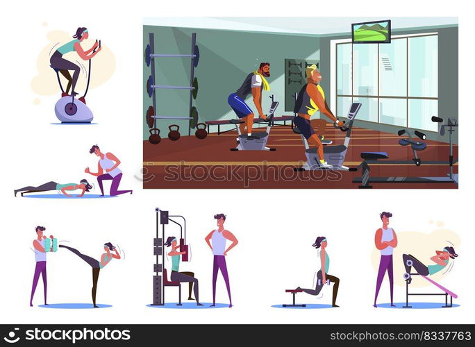 Set of sportsmen during workout at gym. Flat vector illustrations of people training with trainer or alone. Sport concept for banner, website design or landing web page