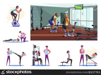 Set of sportsmen during workout at gym. Flat vector illustrations of people training with trainer or alone. Sport concept for banner, website design or landing web page