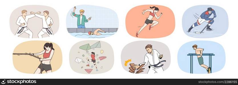 Set of sportsmen exercise training for better performance and results. Collection of young people athletes do sports workout follow healthy lifestyle. Physical activity. Flat vector illustration. . Set of athletes training do sports 