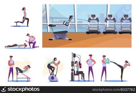 Set of sportsmen training at gym. Flat vector illustrations of young woman exercising with trainer and alone. Sport concept for banner, website design or landing web page