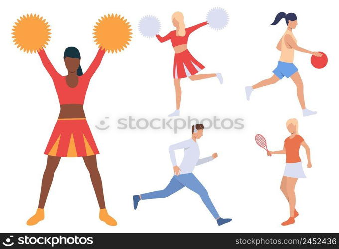 Set of sporty people. Group of men and women playing basketball and tennis, running and cheerleading. Sport concept. Vector illustration can be used for topics like hobby or fitness. Set of sporty people