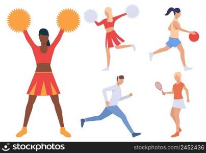 Set of sporty people. Group of men and women playing basketball and tennis, running and cheerleading. Sport concept. Vector illustration can be used for topics like hobby or fitness. Set of sporty people