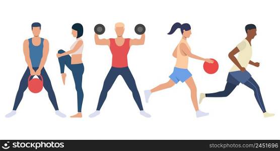 Set of sporty people preparing for competition. Female and male character training with equipment and without. Vector illustration for presentation, activity, advertisement. Set of sporty people preparing for competition