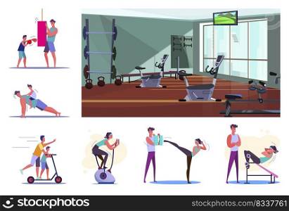 Set of sporty young people training. Flat vector illustrations of sportsmen boxing, doing pushups, exercising on stationary bicycle. Sport concept for banner, website design or landing web page