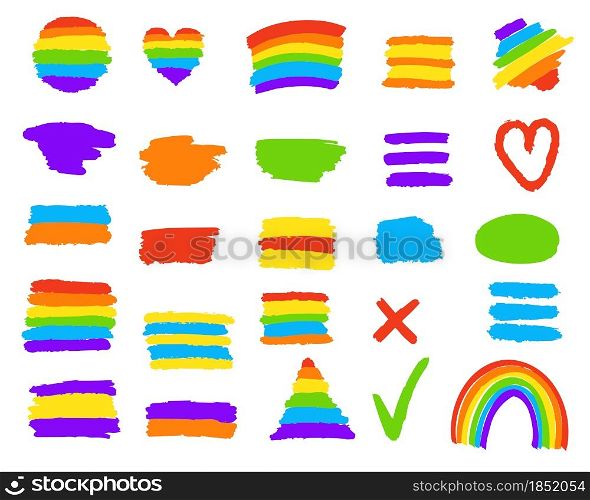 Set of spots and highlighters brush strokes vector illustration. LGBT flag, rainbow background and multicolored watermarks. Paint smears for design.. Set of spots and highlighters brush strokes vector illustration.
