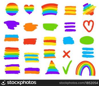 Set of spots and highlighters brush strokes vector illustration. LGBT flag, rainbow background and multicolored watermarks. Paint smears for design.. Set of spots and highlighters brush strokes vector illustration.
