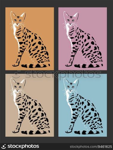 Set of spotted serval cat on colored background