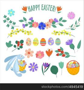 Set of spring and Easter elements. Flowers, painted eggs, Bunny. Happy Easter!