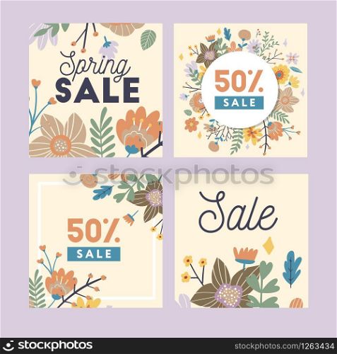 Set of spring flowers vector template for Instagram post, Stories, season sale, discounts, promotional, flyers and posters, apps, websites, printing material . Colorful and floral sale. Set of spring flowers vector template for Instagram post, Stories, season sale, discounts, promotional, flyers and posters, apps, websites, printing material . Colorful and floral sale badges