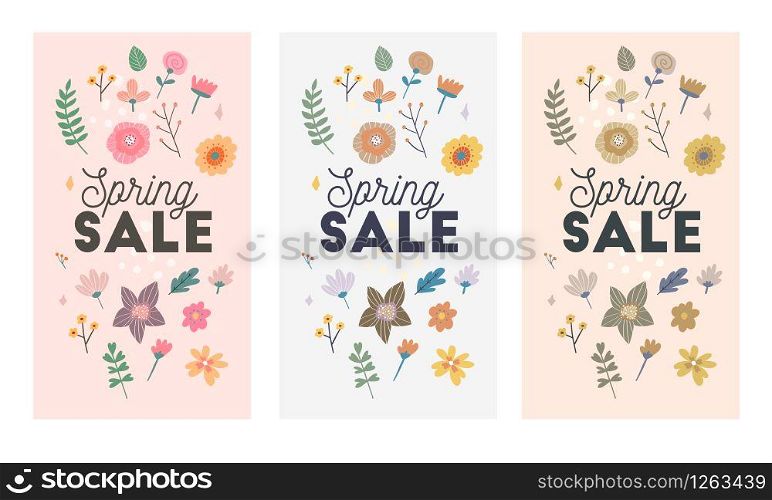 Set of spring flowers vector template for post, Stories, season sale, discounts, promotional, flyers and posters, apps, websites, printing material . Colorful and floral sale. Set of spring flowers vector template for post, Stories, season sale, discounts, promotional, flyers and posters, apps, websites, printing material . Colorful and floral sale badges