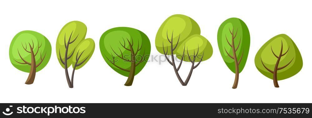 Set of spring or summer abstract stylized trees. Natural illustration.. Set of spring or summer abstract stylized trees.