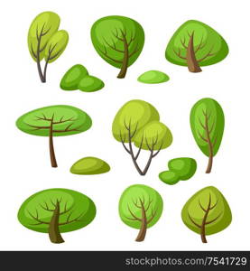 Set of spring or summer abstract stylized trees. Natural illustration.. Set of spring or summer abstract stylized trees.