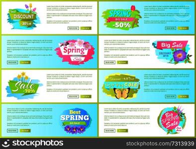 Set of spring sale advertisement tag labels daisy flowers, branch of sakura, bouquets of tulips and daffodils butterfly on sticker web vector posters. Set of Spring Sale Advert Tags Labels Daisy Flower