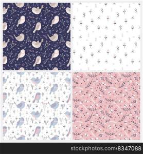 Set of spring seamless patterns with birds, flowers, leaves and dragonflies. Ideal for wallpapers, wrapping paper, fabrics. Vector illustration in Scandinavian style.. Set of spring seamless patterns with birds, flowers, leaves and dragonflies.