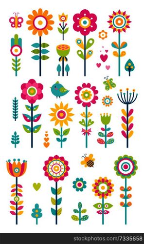 Set of springtime flowers, bees butterflies and birds, collection of spring blooming patterns, creative plants and flower buds, vector grass and bushes. Set of Springtime Flowers, Bees Butterflies Birds