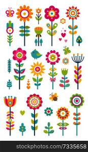 Set of springtime flowers, bees butterflies and birds, collection of spring blooming patterns, creative plants and flower buds, vector grass and bushes. Set of Springtime Flowers, Bees Butterflies Birds