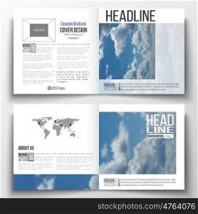 Set of square design brochure template. Beautiful blue sky, abstract background with white clouds, leaflet cover, business layout, vector illustration.