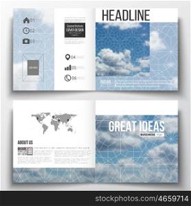 Set of square design brochure template. Beautiful blue sky, abstract geometric background with white clouds, leaflet cover, business layout, vector illustration.