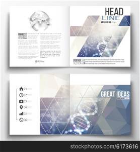 Set of square design brochure template. DNA molecule structure on a blue background. Science vector.. Vector set of square design brochure template. DNA molecule structure on a blue background. Science vector background.