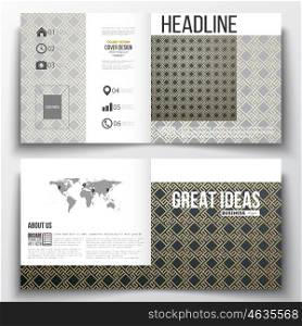 Set of square design brochure template. Islamic gold pattern with overlapping geometric shapes forming abstract ornament. Vector stylish golden texture on black background.. Set of square design brochure template. Islamic gold pattern with overlapping geometric square shapes forming abstract ornament. Vector stylish golden texture on black background.