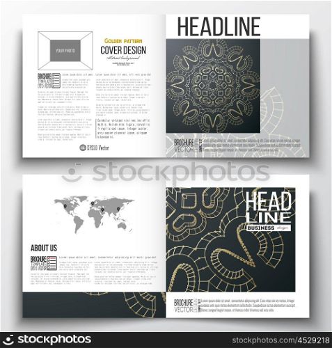 Set of square design brochure template. Polygonal backdrop with golden connecting dots and lines, connection structure. Digital scientific background.