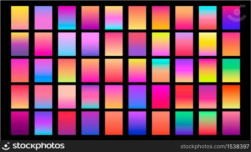 Set of square gradient icons with different colors and shades. Pack glossy colorful gradients on a black background.. Set of square gradient icons with different colors and shades.
