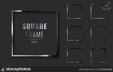 Set of square metallic border frame silver, golden, pink gold, copper, red, green on black background. Luxury style. Vector illustration