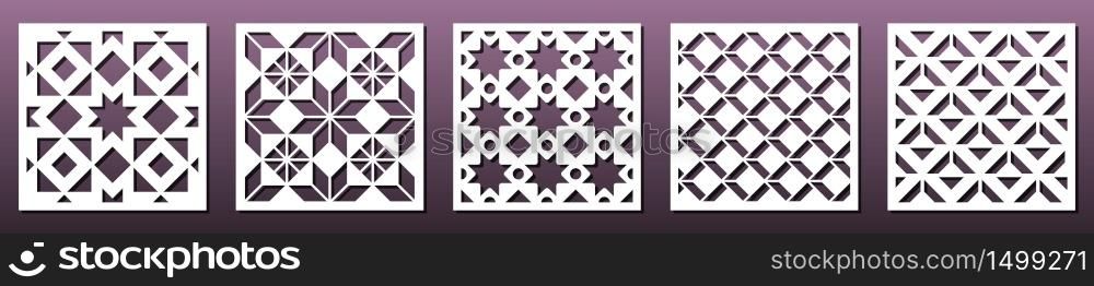 Set of square panels for laser cutting. Abstract geometric pattern, template for metal cut or wood carving, stencil or die for paper art or fretwork. Use for card background decoration, interior design wall art. Vector illustration