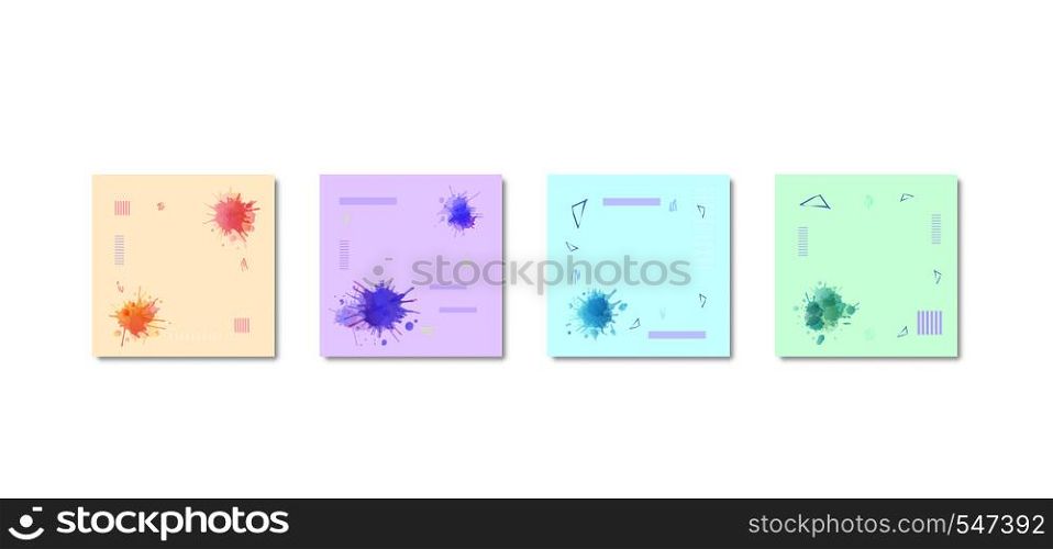 Set of square pastel backgrounds with water color splash blots. Templates with watercolor elements. Cards with empty space for text. Collection of horizontal banners. Vector illustration.