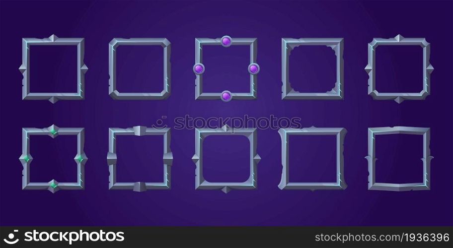 Set of square ui game frames, textured medieval jagged metal borders. Cartoon empty steel metallic bordering with fancy gemstones, isolated fantasy graphic design gui elements, Vector illustration. Set of square ui game frames, metal borders set