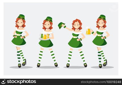 Set of St Patrick s day Girl in green costume. Cheerful beautiful Irish young woman. Waitress dressed in green with beer mugs.flat style