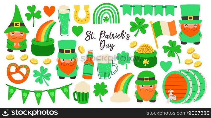 Set of St. Patricks Day symbols. Collection of elements clover, leprechaun hat, pot of gold coin, green beer.