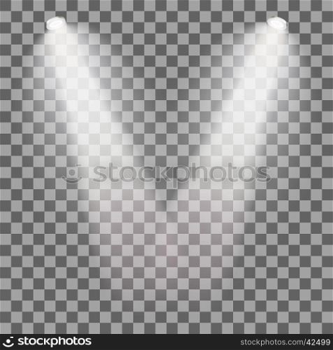 Set of stage illuminated spotlight. Scene illumination on transparent background. Cold light effect. Vector illustration.. Stage illuminated spotlight