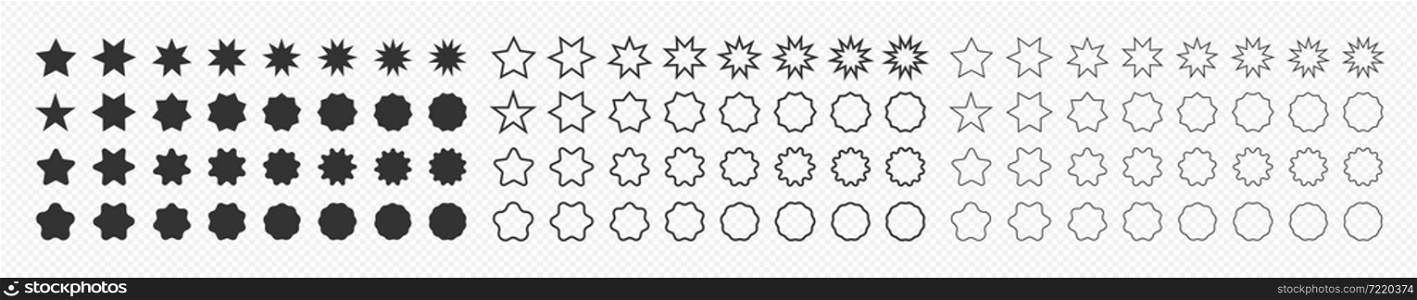 Set of star shapes. Polygonal elements. Black and outline geometric design symbol. Sign for banner and sale in vector flat style.