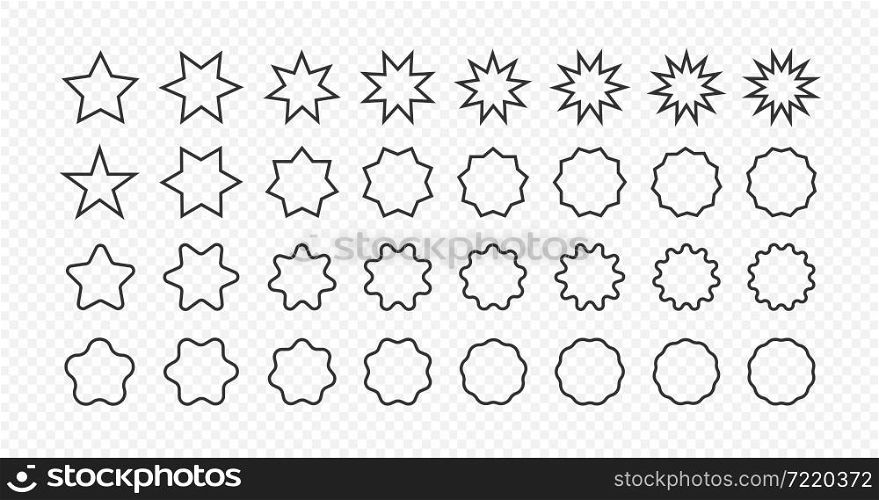 Set of star shapes. Polygonal elements. Outline geometric design symbol on transparent background. Sign for banner and sale in vector flat style.