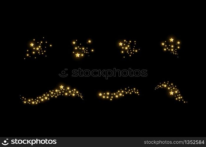 Set of starry cloud with dust. The dust is yellow sparks and golden stars shine with special light. Vector sparkles on a black background. Christmas light effect. Sparkling magical dust particles.. Set of starry cloud with dust. The dust is yellow sparks and golden stars shine with special light. Vector sparkles on a black background. Christmas light effect. Sparkling magical dust particles
