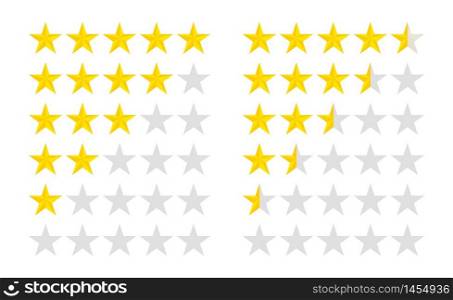 Set of stars rating. Customer review with gold star icon. 5 stars and half assessment of customer in flat style. vector eps10. Set of stars rating. Customer review with gold star icon. 5 stars and half assessment of customer in flat style. vector illustration