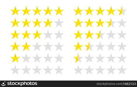 Set of stars rating. Customer review with gold star icon. 5 stars and half assessment of customer in flat style. Feedback concept. Quality rank. Customer review. Appraisal, level rank. vector eps10. Set of stars rating. Customer review with gold star icon. 5 stars and half assessment of customer in flat style. Feedback concept. Quality rank. Customer review. Appraisal rank. vector