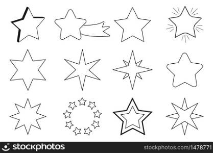 Set of stars. Vector image of black silhouettes of star icons. Flat outline stardom. Stock image.