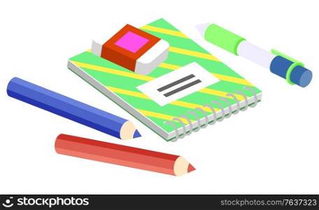 Set of stationery for school, college and university or work at office. Notebook with metal spiral, colorful pencils and eraser vector illustration. Stationery for School and Work, Notebook and Pen