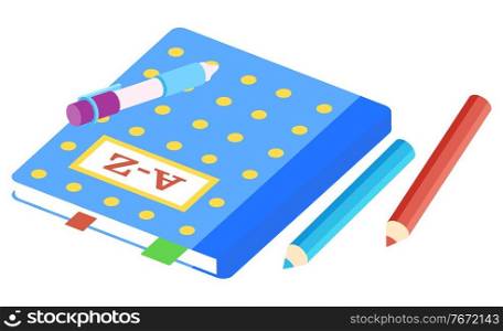 Set of stationery for study language. Book or notebook to learn alphabet. Pencils to draw, paint and write letters vector illustration flat style. Stationery for Study Language, Alphabet Notebook