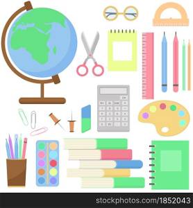 Set of stationery icons vector illustration. School collection book ruler pencil pen calculator scissors paint globe. Subjects for study and work. School and office supplies. Flat style.. Set of stationery icons vector illustration.