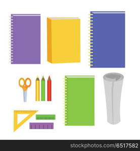 Set of Stationery Office Elements. Workplace Tools. Set of stationery office elements. Note book, paper book, diary. Workplace tools marker, paper, pen, clip, pencil icons in flat design isolated on white background. Business work elements set. Vector