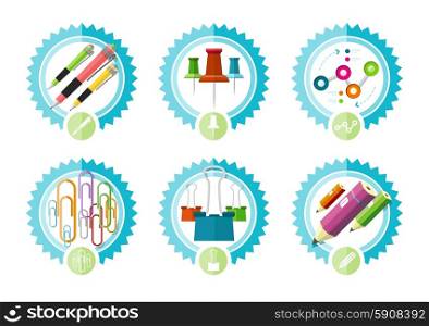 Set of stationery office tools marker, paper clip, pen, clip, pencil icons in flat design isolated on white background