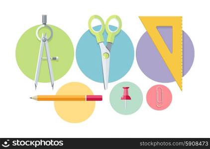 Set of stationery office tools marker, paper clip, pen, clip, pencil icons in flat design isolated on white background