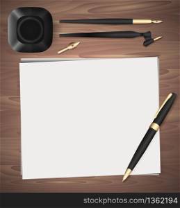 Set of stationery on wooden background. Vector elements separately from the background to your presentation, design projects and your creativity. Set of stationery on wooden background. Vector elements separate
