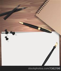 Set of stationery on wooden background. Vector elements separately from the background to your presentation, design projects and your creativity. Set of stationery on wooden background. Vector elements separate