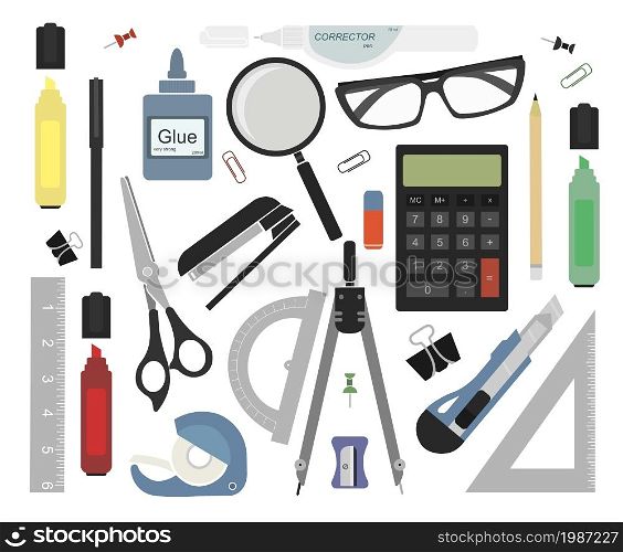 Set of stationery tools. Marker, paper clip, pen, binder, clip, ruler, glue, zoom, scissors, scotch tape, stapler, corrector, glasses, pencil, calculator, eraser, knife, compasses, protractor. Stationery set. Color